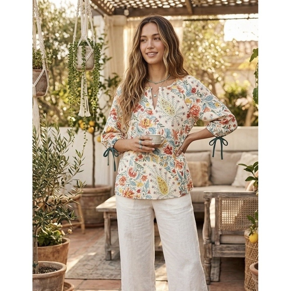 Boho Floral Paisley Blouse M Cottagecore Balloon Sleeve Tie Cuff Indie Top